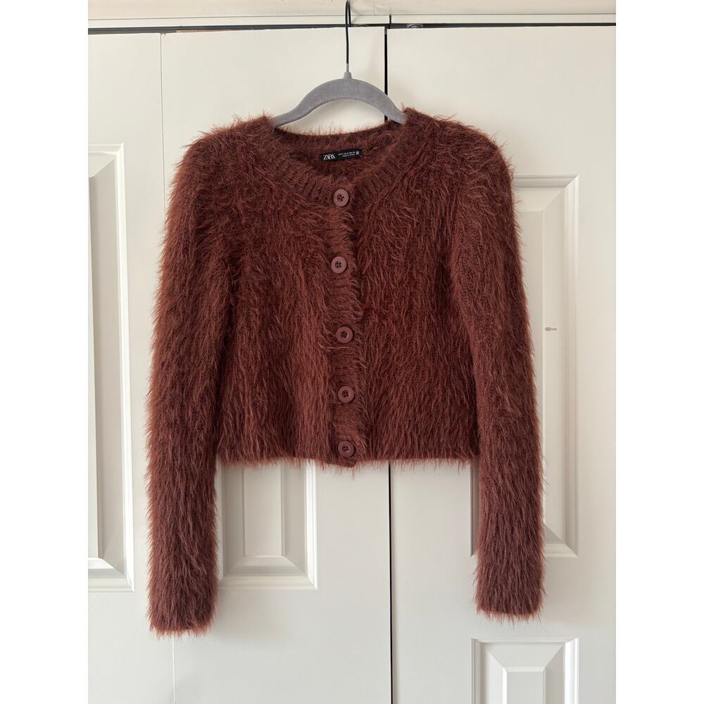 ZARA S Brown Fuzzy Cropped Cardigan Sweater - Picture 2 of 6